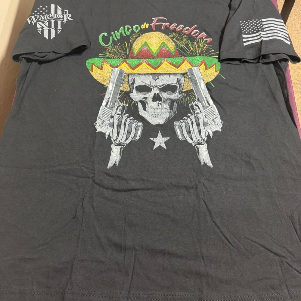 Warrior XII Cinco de Freedom Black Cotton Graphic T-Shirt Skull Sombrero 2XL